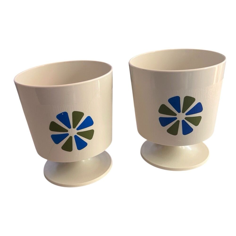 Vtg Lot of 2 MCM David Douglas Accalac Cups Footed Pedestal Blu Green Daisy
